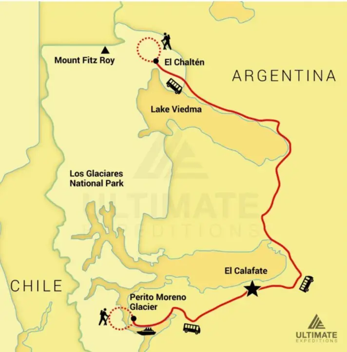 Los Glaciares Expedition route