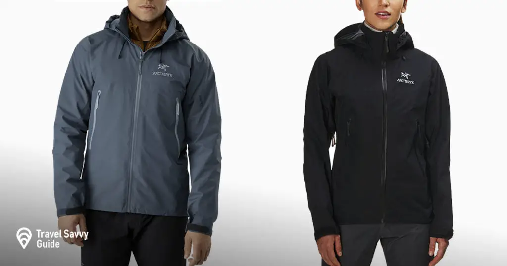 A man and a woman wearing Arcteryx Beta AR rain jacket 