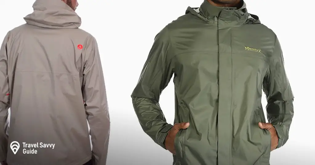 2 men wearing light brown and green Marmot Magus Lightweight Waterproof Rain Jacket