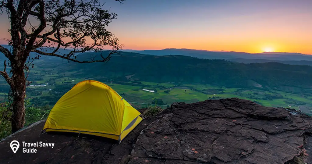 Tent standing on the top of the mountain