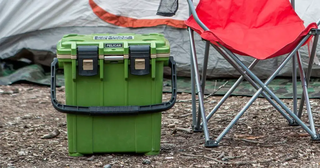 Pelican green hard cooler outdoor