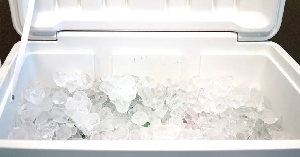 close up on ice inside cooler