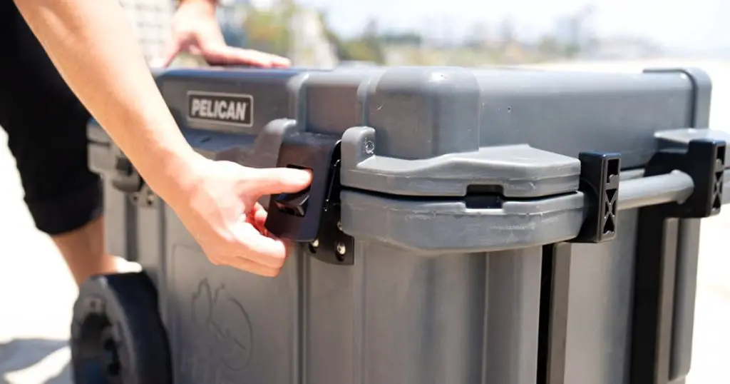 Close view of a Pelican hard cooler lid latch