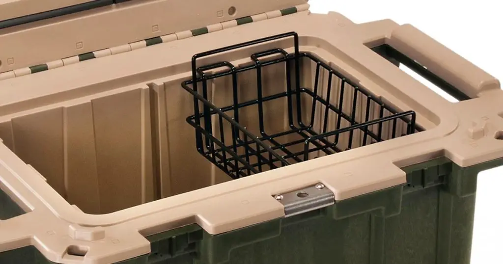 Close view of a wire basket for Pelican hard cooler