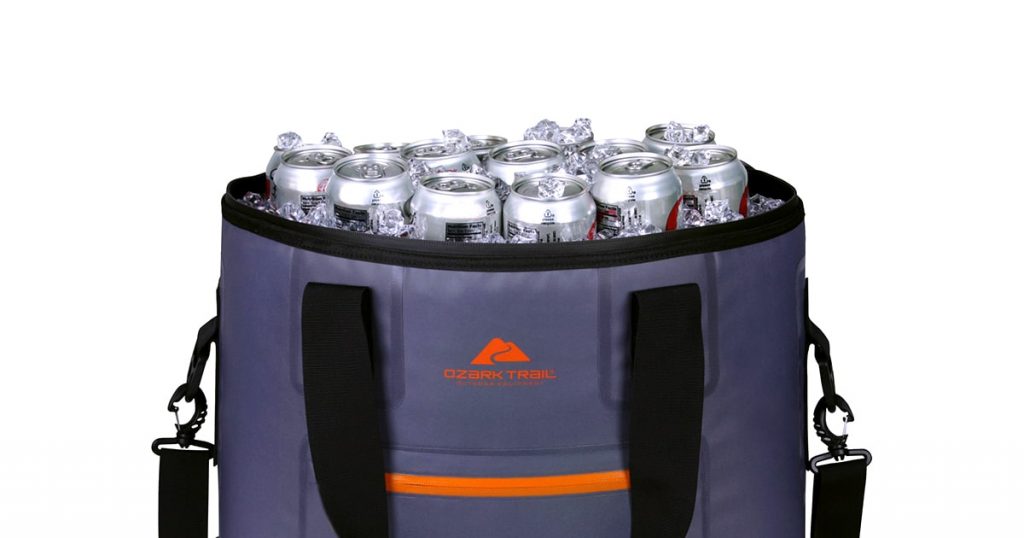 Ozark Trail soft cooler filled with ice and cans