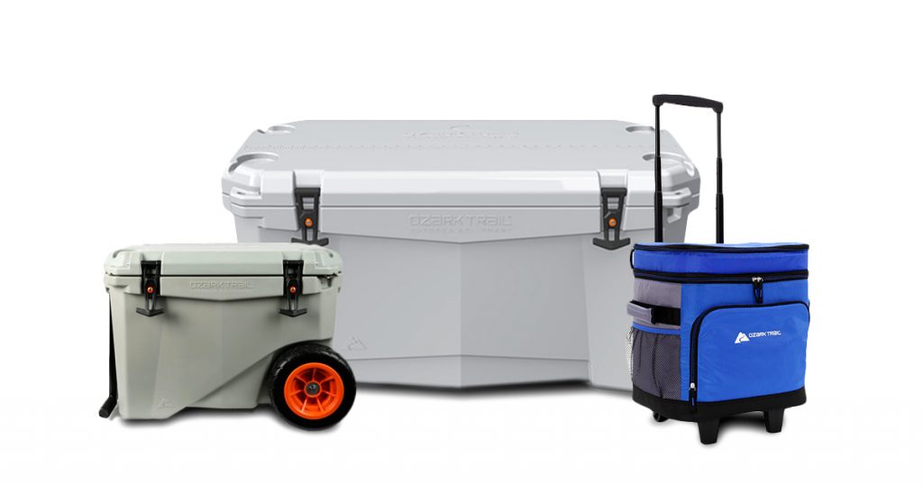 Ozark trail wheeled coolers on a white background