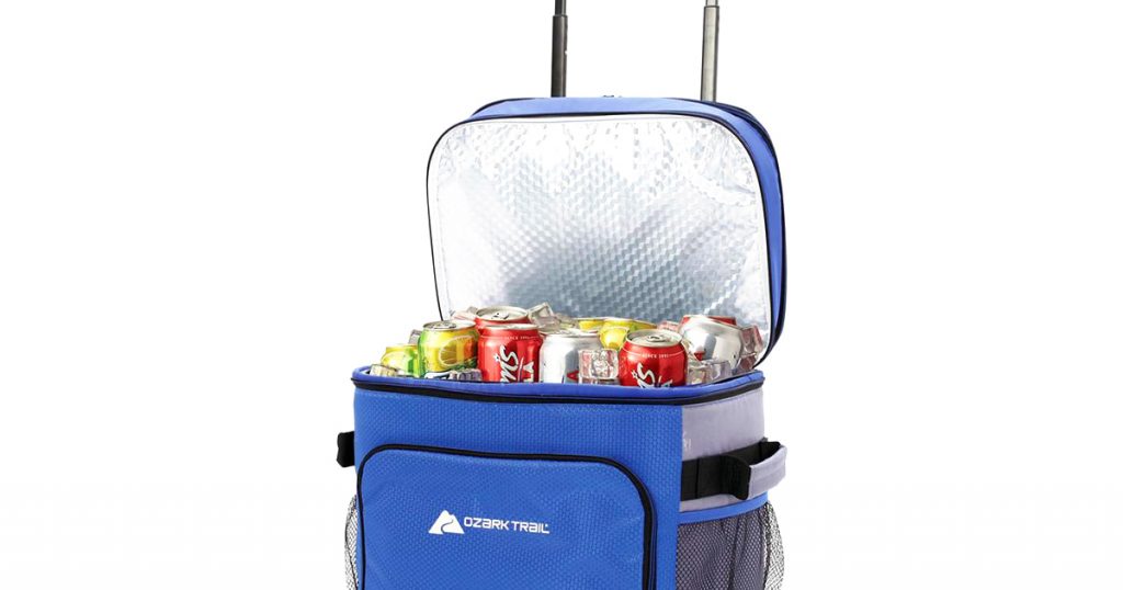 Ozark trail soft sided cooler filled with ice and cans