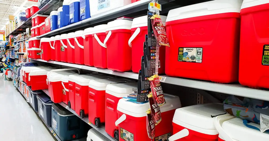 A view of several Igloo portable coolers, on display at a local department store