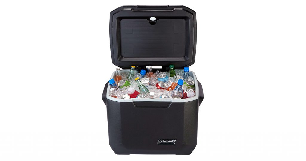 Coleman hard cooler filled with ice and bottles