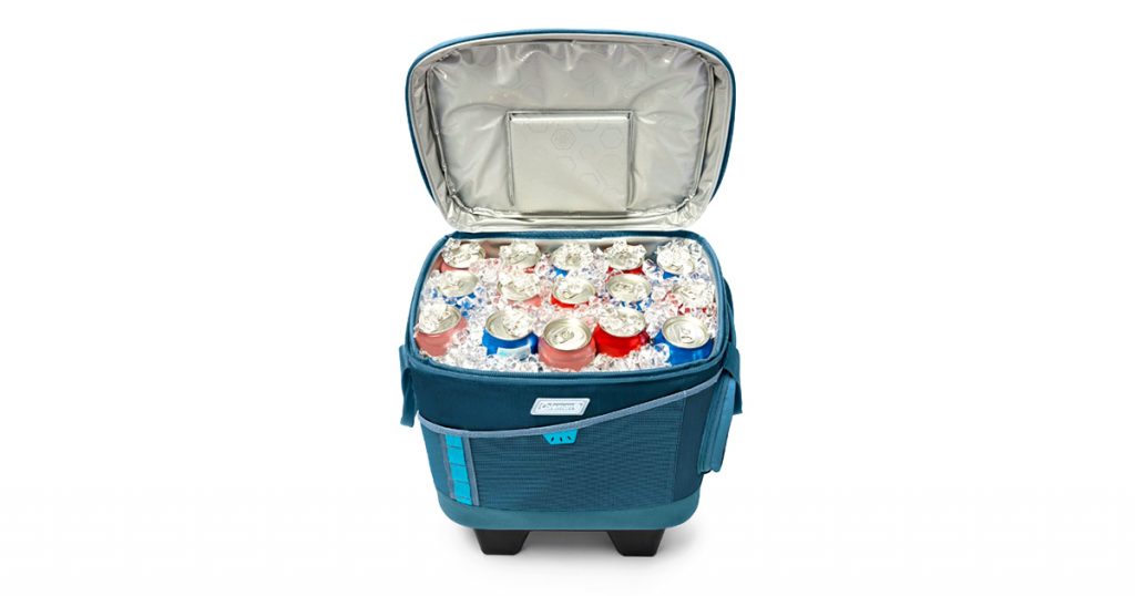 Coleman soft cooler filled with ice and cans