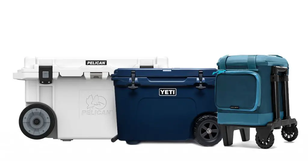 Hard cooler with wheels of different brands