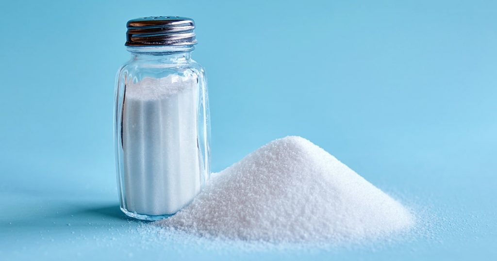 /spilled-salt-saltshaker-on-blue-background