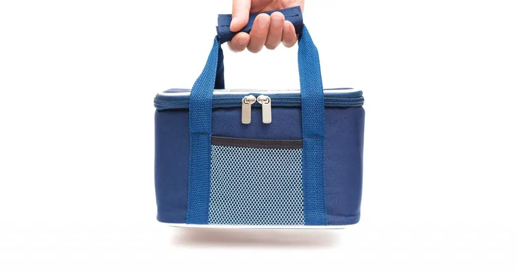 hand carrying a blue lunch pack carrier with clipping path