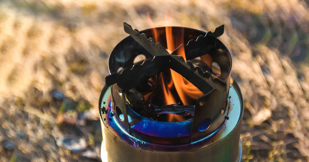 close up view of fire flame in portable wood burner