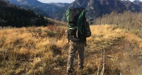 Hunter Walks along a mountainous ridge in the rockies.