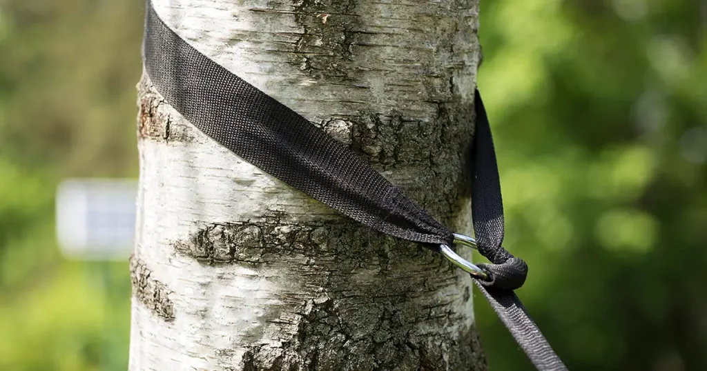 Hammock strap with metallic ring, outdoor nylon hammock lashing belt around a tree