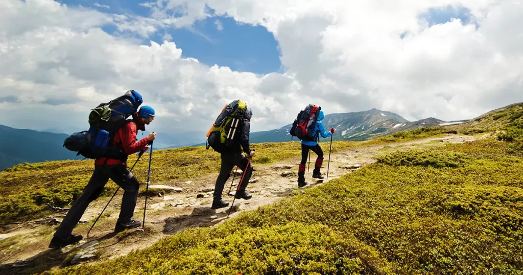 group-people-backpacks-walking-along-road