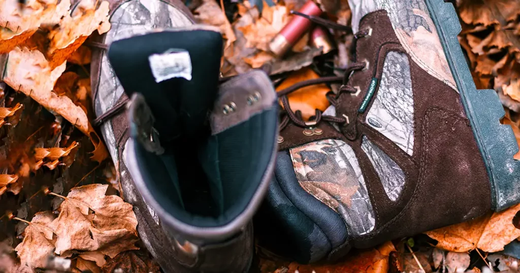 Camo hunting boots in the woods during the fall.