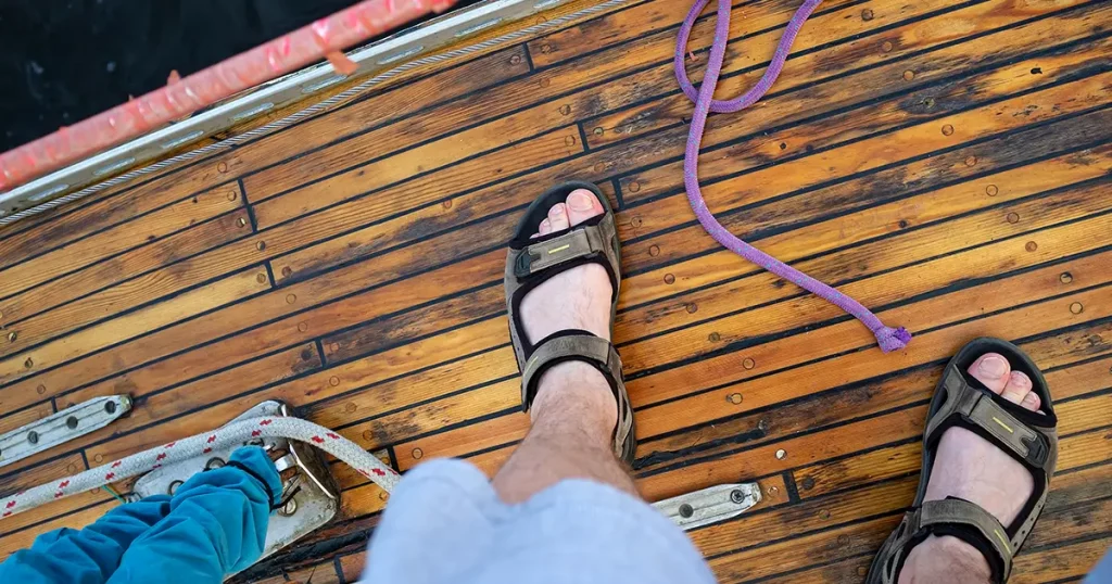 Male feet in sandals stand on the wooden deck of a yacht against the backdrop of dark water. Top view.