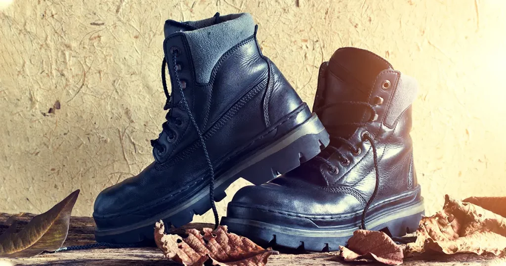 A pair of black leather men's boot with dry leaf on wooden and paper texture background