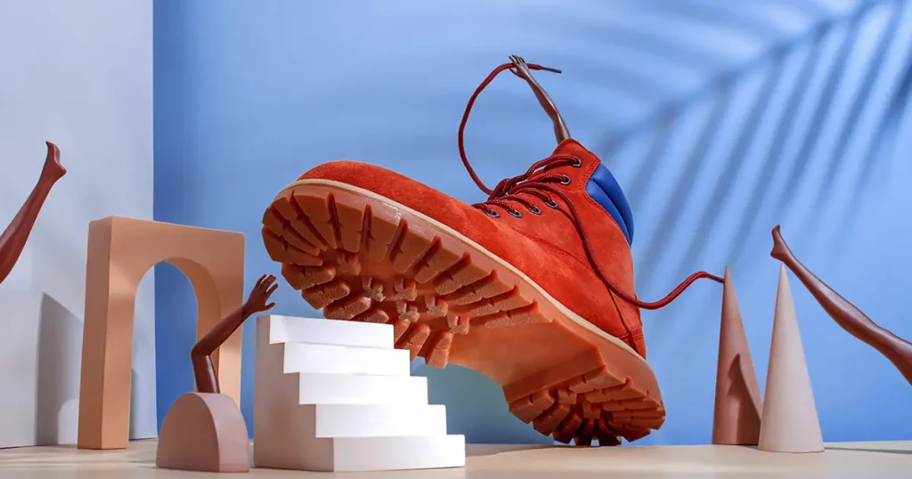 Shoe concept, red boots on the stairs