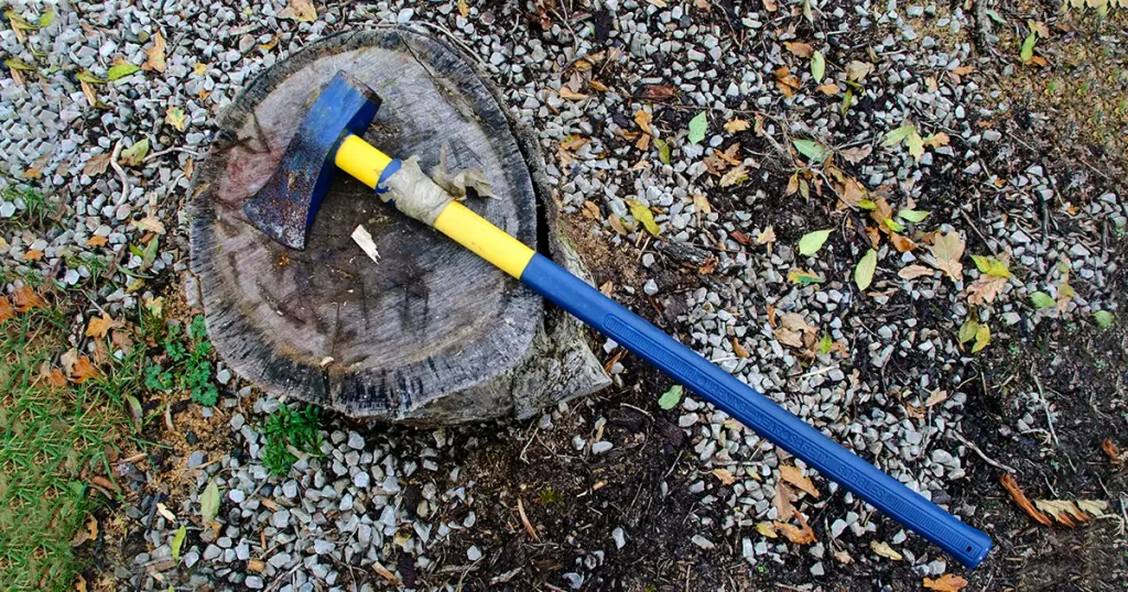 An axe on a wooden block