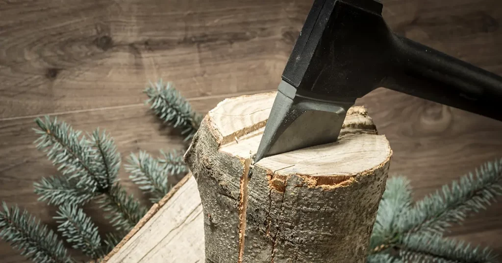 Decoration with axe splitting a wood billet
