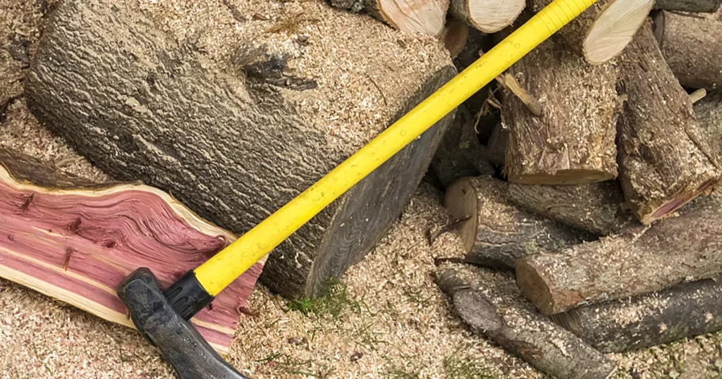 Red cedar log and axe with oak in the background.