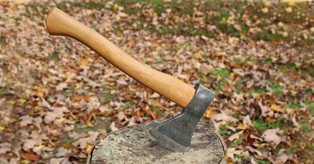 Hatchet stuck into a splitting block surrounded by leaves
