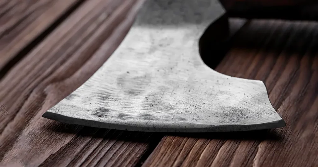 A blade of an axe on a brown wooden background
