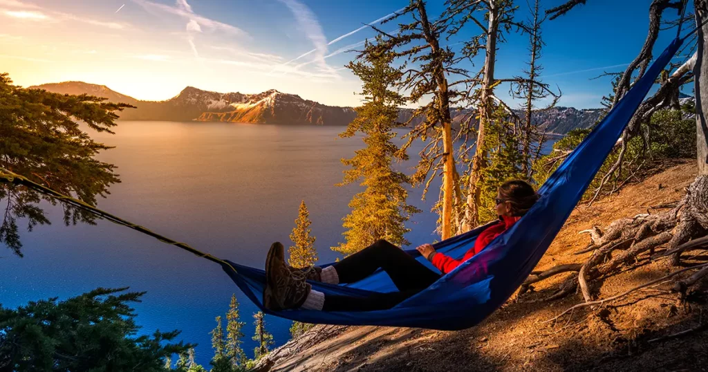 Woman Hiker Relaxing in Hammock Crater Lake National Park Oregon