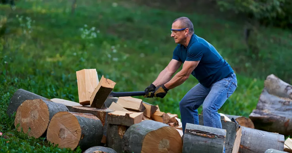 Farmer with big axe splitting beech logs