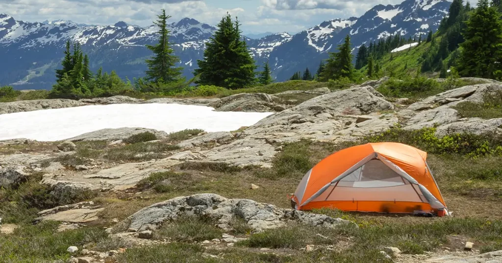 Big Agnes tent in backcountry campsite. Yellow Aster Butte Basin