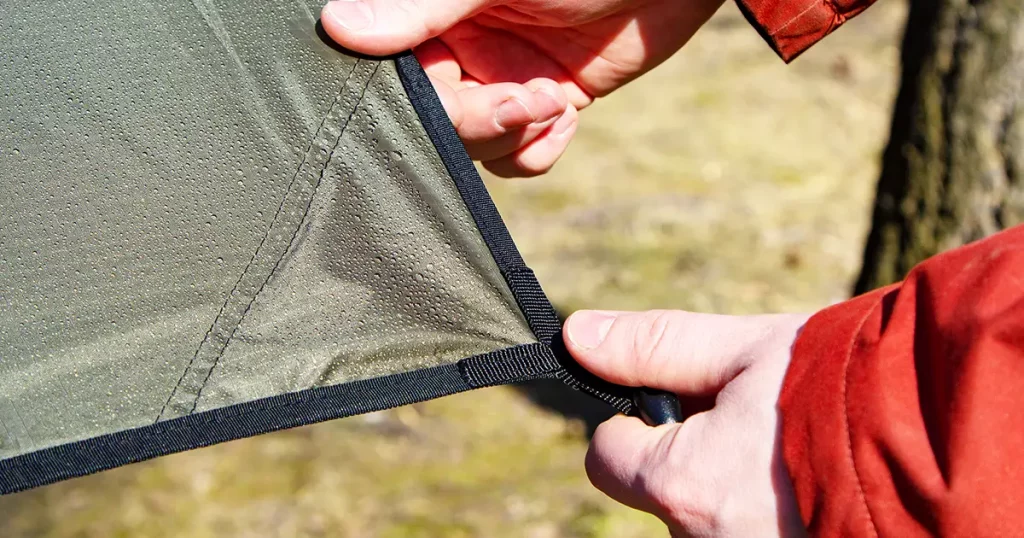 installation set up of a tarp or tent made of rip-stop fabric