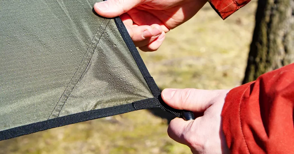 installation set up of a tarp or tent made of rip-stop fabric