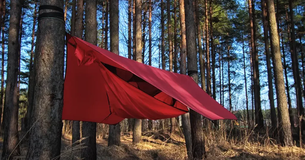 Pine trees and red hammock with tent in spring wood. Travel and adventure concept