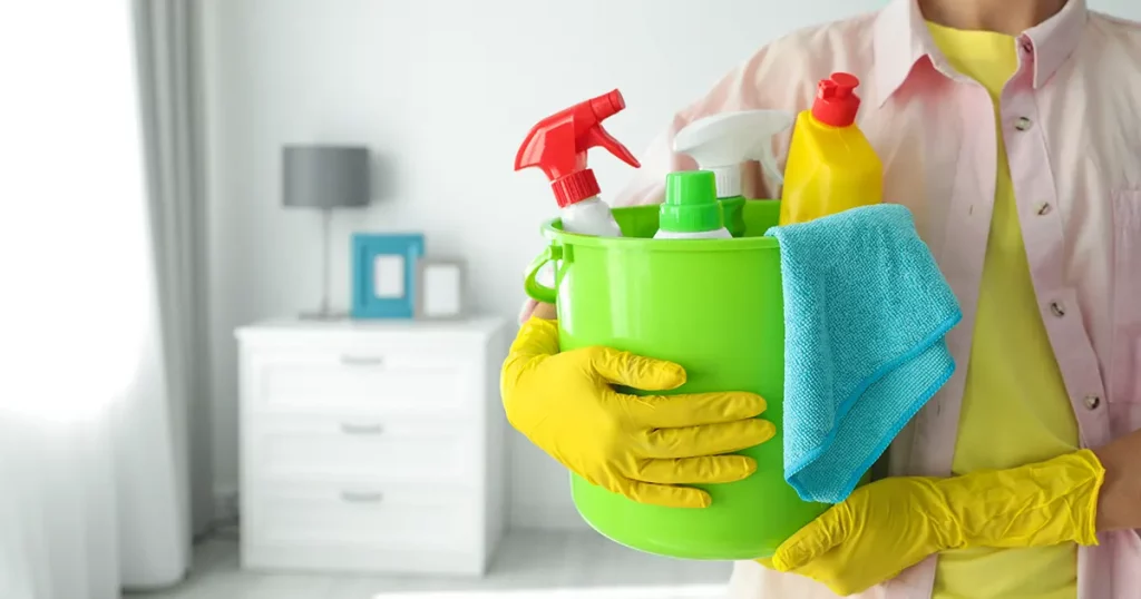 Woman holding bucket with different cleaning supplies at home, closeup
