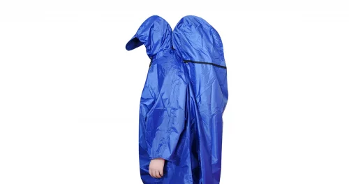 An outdoor travel waterproof portable poncho in a pure white background