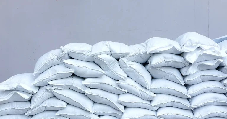 Sandbags are laid in rows to prepare for the flood situation.