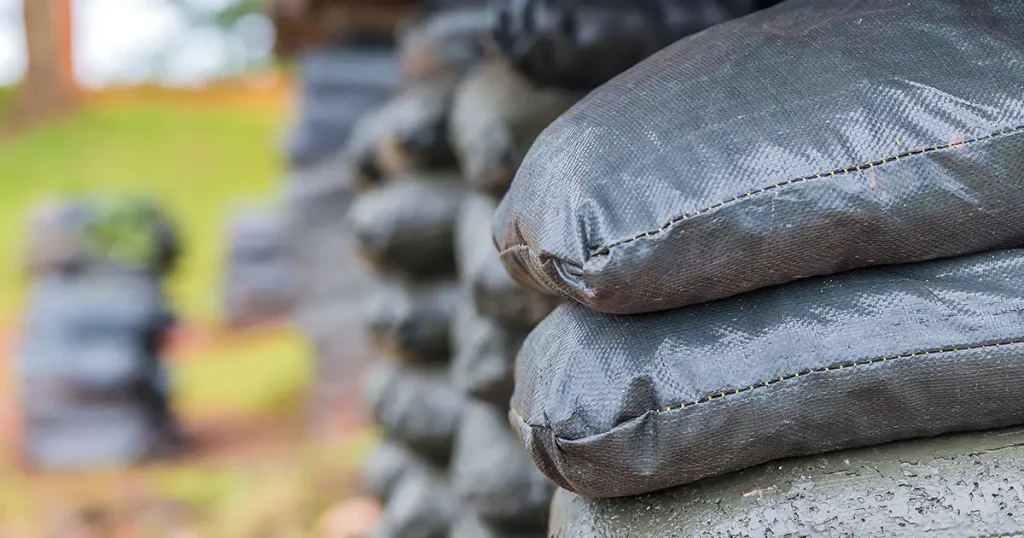 Sandbag is beautifully arranged on the mountain,Sandbags to guard against attacks,Sandbag bunker of the old military bunker base.