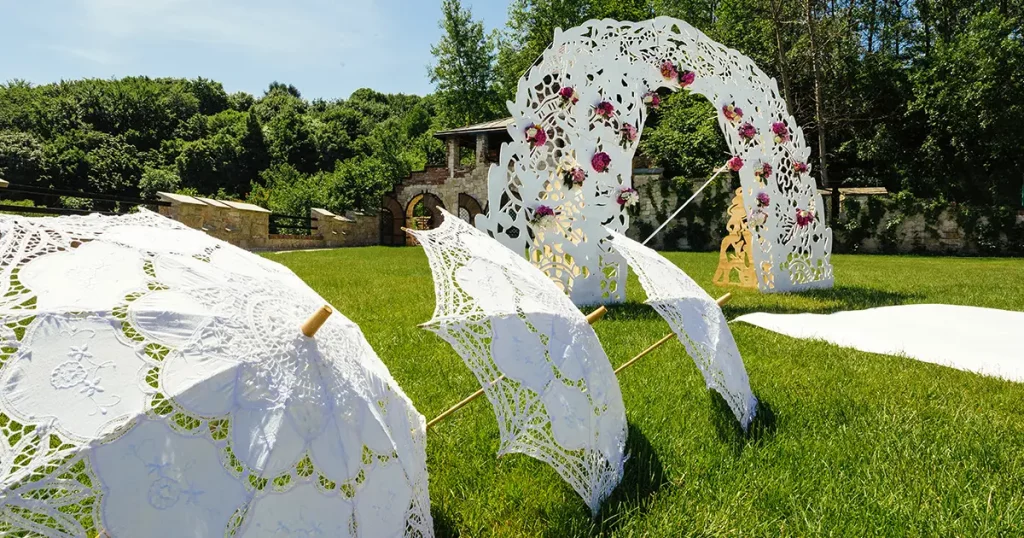 umbrellas on wedding ceremony