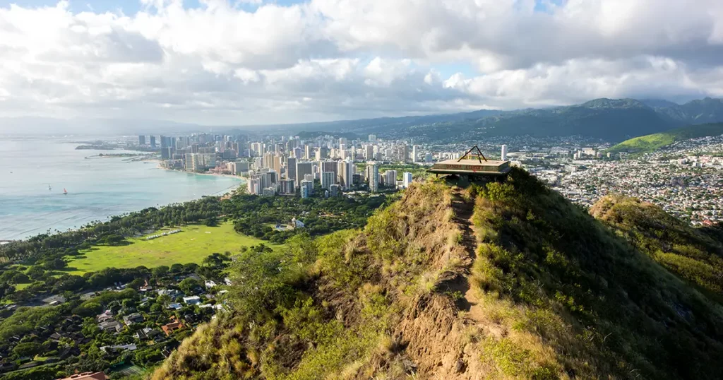 Skyline view of Waikiki Beach and Honolulu from Diamond Head in Oahu, Hawaii.