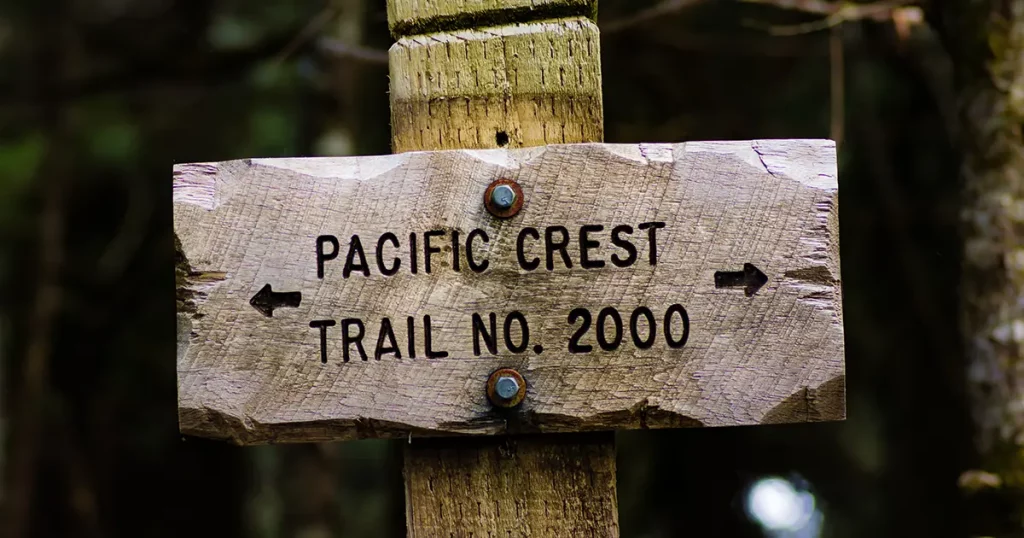 Sign post for trail 2000 Pacific Crest Trail in the Mt Hood National Forest