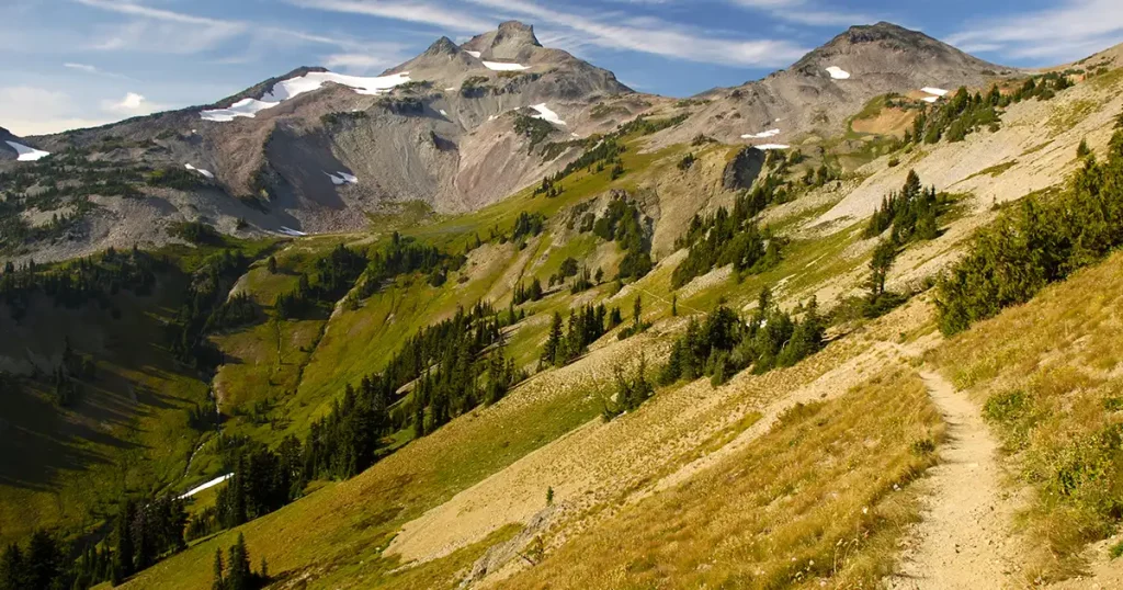 The Pacific Crest Trail winds through Cispus Basin in Washington's Goat Rocks Wilderness.