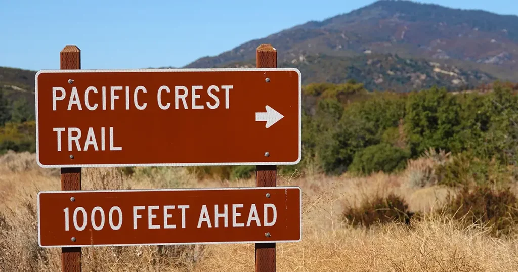 Sign for the Pacific Crest Trail in Cleveland National Forest. Hot and dry conditions and high elevations make this stretch a challenging hike.