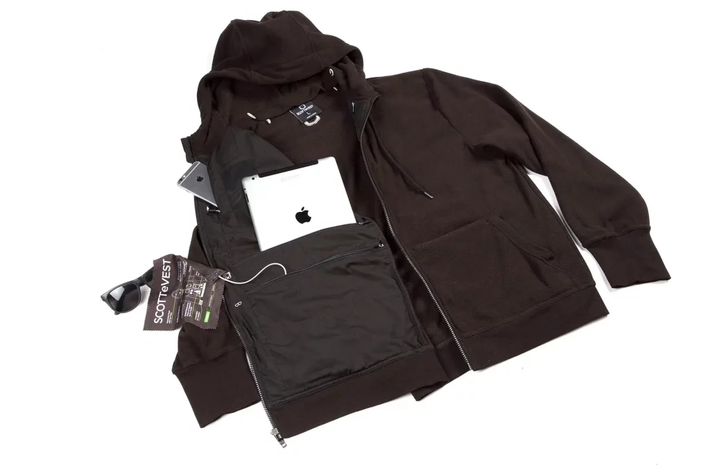 SCOTTeVEST dark Hoodie Microfleece showing pockets